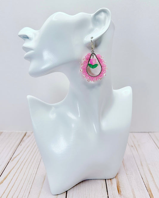 Pink Tulip Teardrop Hoop Earrings