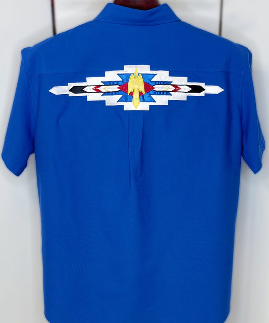 Blue Waterbird Ribbon Appliqué Shirt – XL