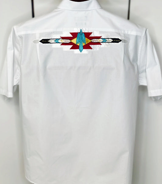 White & Teal Tipi Ribbon Appliqué Shirt – XL