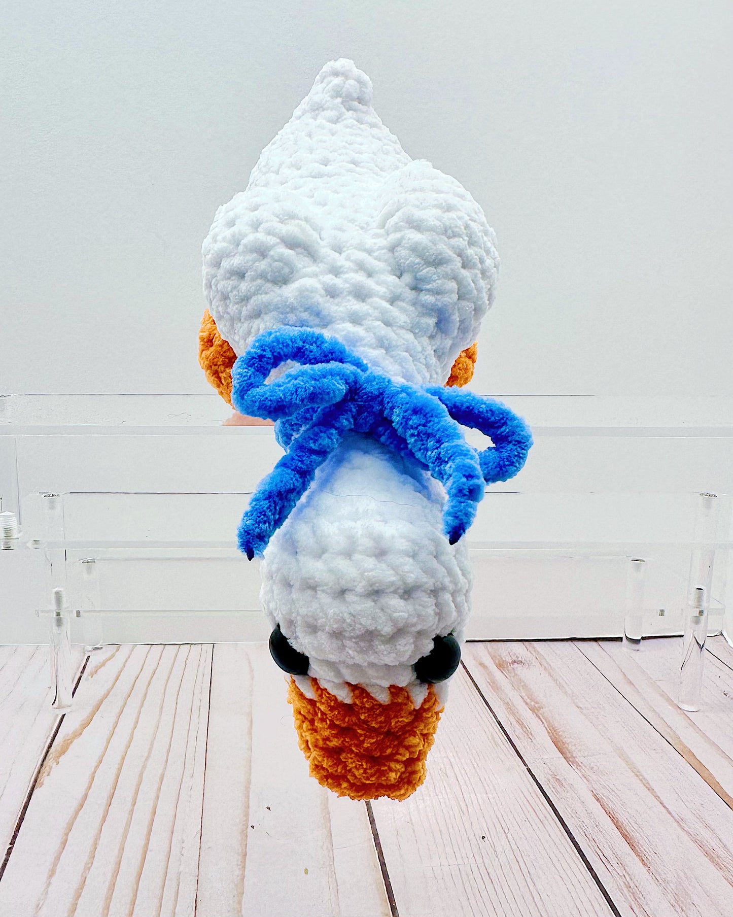 Handmade Crochet Shelf Goose - Blue Bow