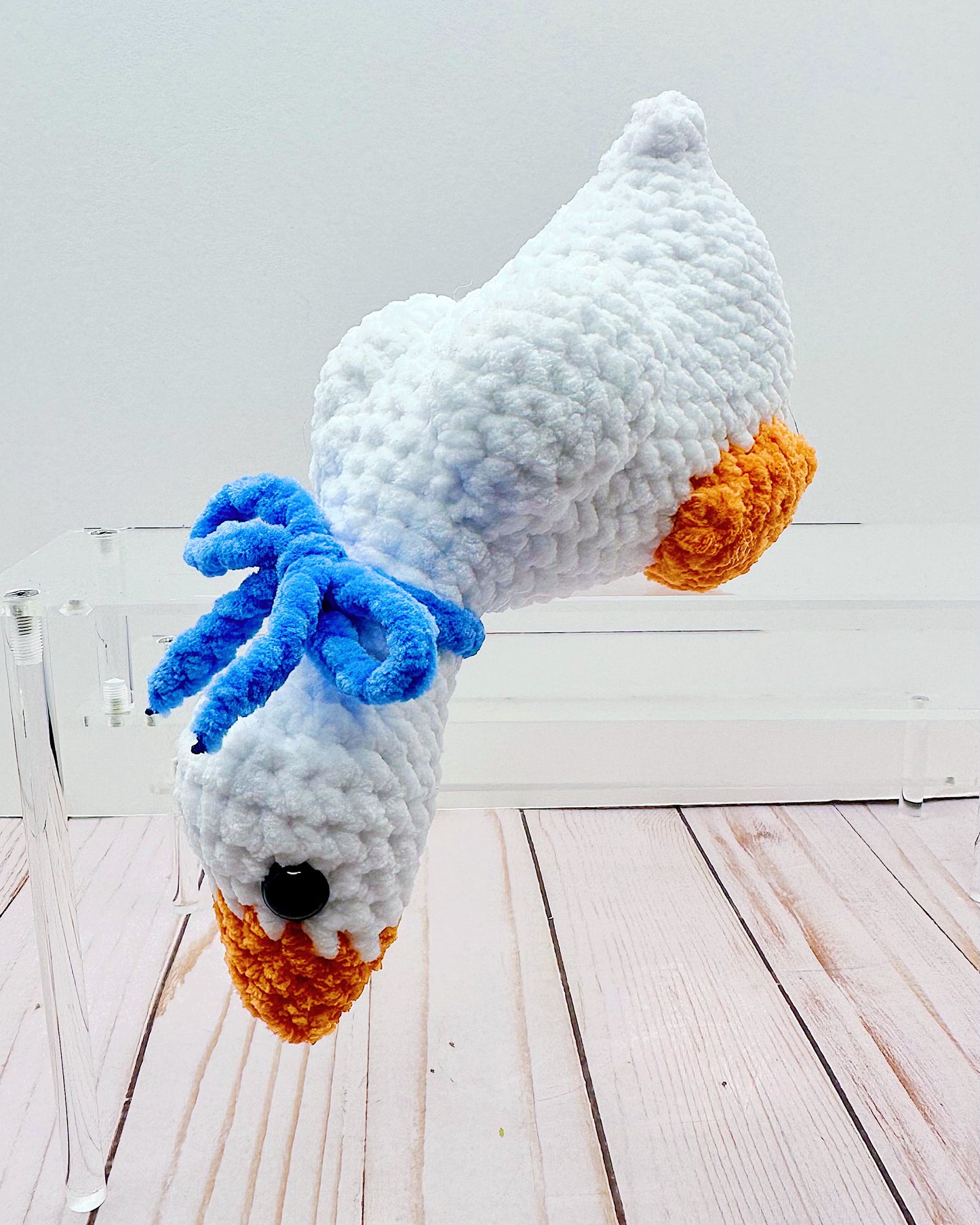Handmade Crochet Shelf Goose - Blue Bow