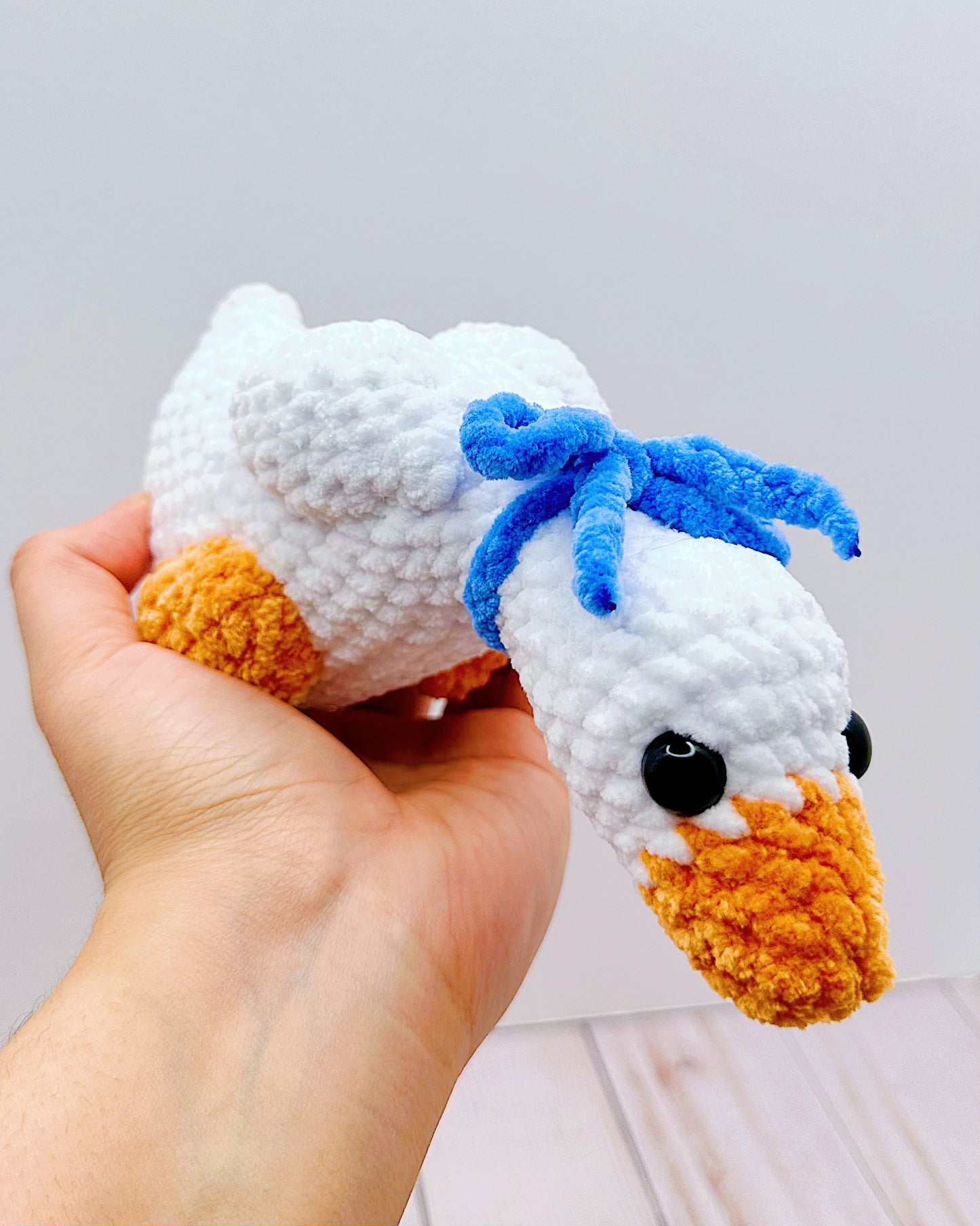 Handmade Crochet Shelf Goose - Blue Bow