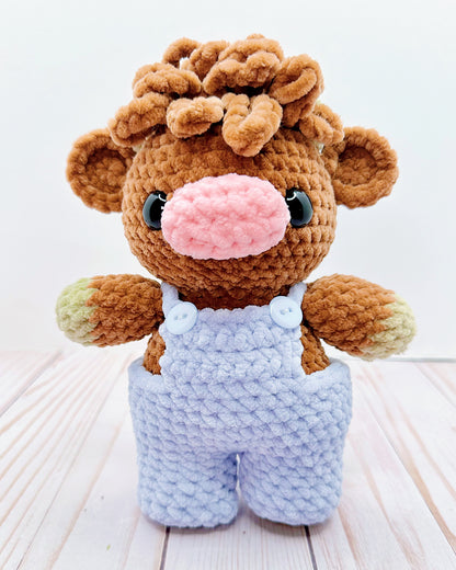 Handmade Crochet Highland Cow w/ Overalls