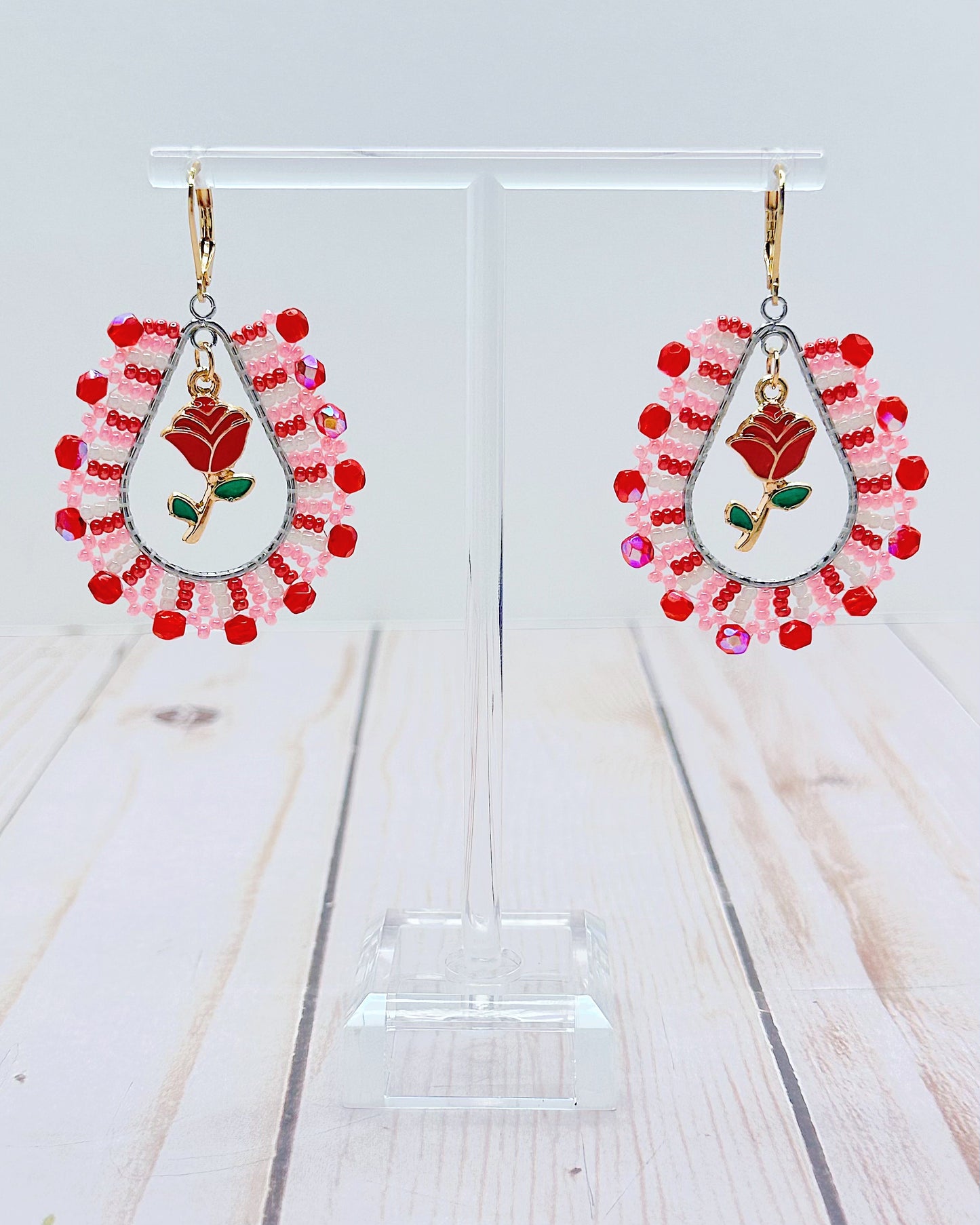 Pastel Pink & Red Rose Earrings