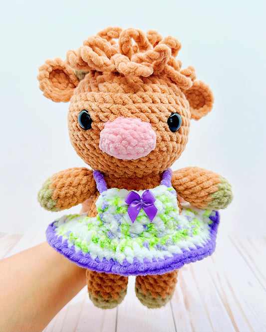 Handmade Crochet Highland Cow - Floral Purple Dress