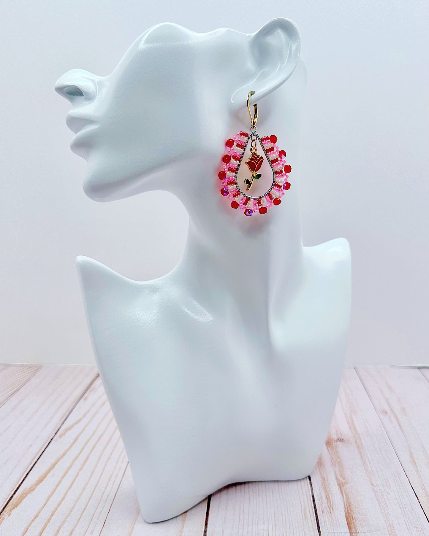 Pastel Pink & Red Rose Earrings