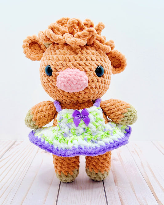 Handmade Crochet Highland Cow - Floral Purple Dress