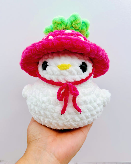 Handmade Crochet JUMBO Duck w/ Strawberry Hat