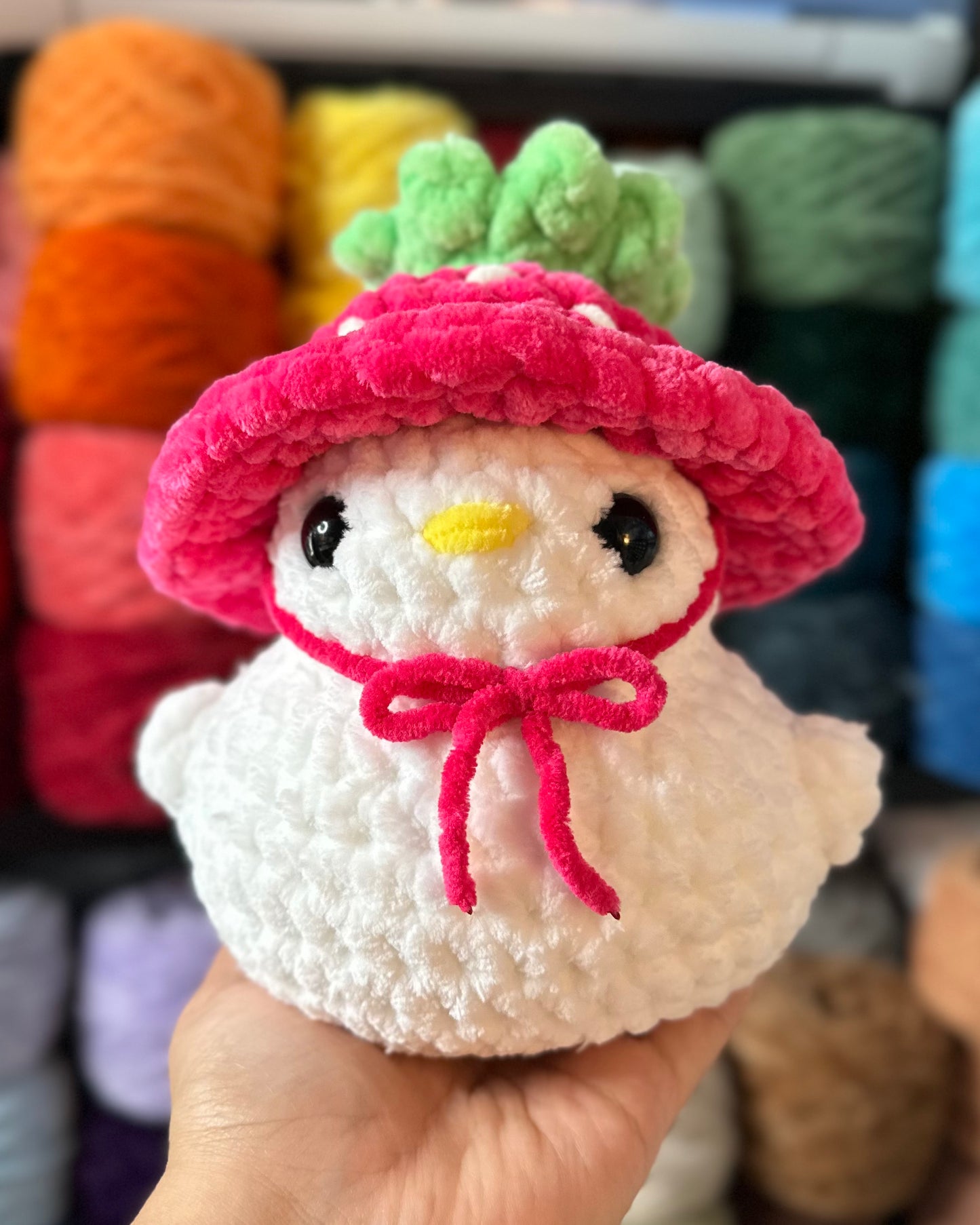 Handmade Crochet JUMBO Duck w/ Strawberry Hat